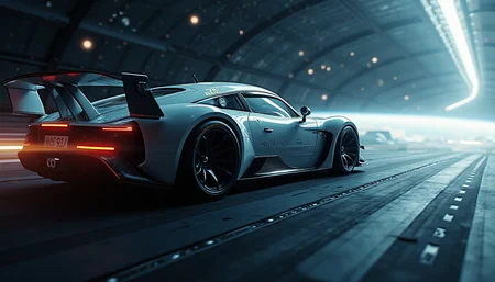 A picture of a futuristic yfg-sde in outer space hovering around a space station. The camera is positioned perfectly perpendicular to the side of the car.