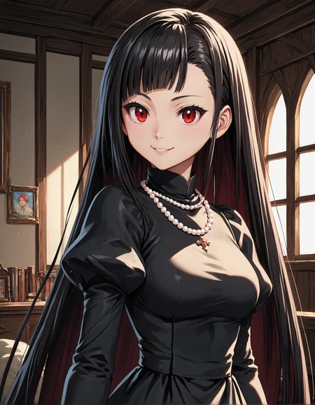 score_9, score_8_up, source_anime, 1girl, upper body, medium shot, detailed, mgrcsasaraminagi, black hair, very long hair, asymmetrical bangs, red eyes, black dress, juliet sleeves, smiling, indoors, manison, pearl necklace, (side view:0.6), <lora:mgrcsasaraminagi_XL:0.75>