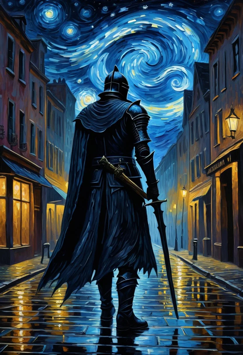 an oil painting of a fantasy evil knight silhouette on the street, style of van gogh, starry night vibes, expressionism, gloomy, dark tones, unforgettable, dark fantasy, fantasy, emotional depth. (vibrant masterpiece, (8k1.5), UHD, very detailed, high-quality, best artist, sharp edges, detailed textures, full view, atmospheric lighting, stunning visuals)