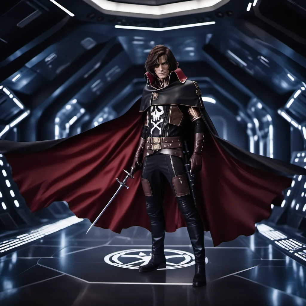 cinematic photo a full body man, solo, cape, brown hair, scar, black gloves,sword, in a spaceship<lora:Albator1024_r1:0.8> . 35mm photograph, film, bokeh, professional, 4k, highly detailed