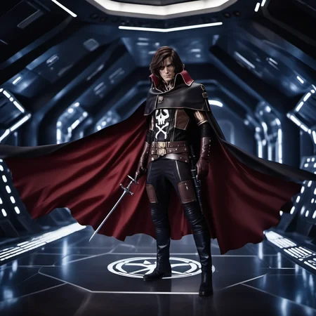 cinematic photo a full body man, solo, cape, brown hair, scar, black gloves,sword, in a spaceship<lora:Albator1024_r1:0.8> . 35mm photograph, film, bokeh, professional, 4k, highly detailed