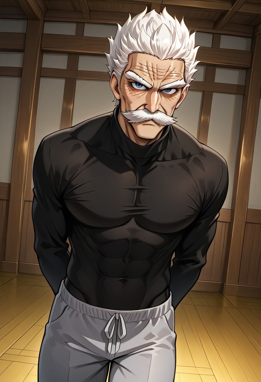 high quality, detailed, SilverFang, solo male, human, masculine, muscular, broad shoulders, scars, old man, older male, short white hair, big mustache, eyebrows, blue eyes, athletic build, black long sleeve shirt, gray pants, looking at viewer, dojo background, half body, hands behind back, cowboy shot, dutch angle, wide hips, thick thighs, pecs