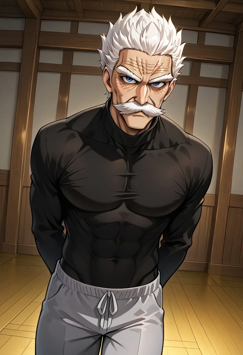 high quality, detailed, SilverFang, solo male, human, masculine, muscular, broad shoulders, scars, old man, older male, short white hair, big mustache, eyebrows, blue eyes, athletic build, black long sleeve shirt, gray pants, looking at viewer, dojo background, half body, hands behind back, cowboy shot, dutch angle, wide hips, thick thighs, pecs