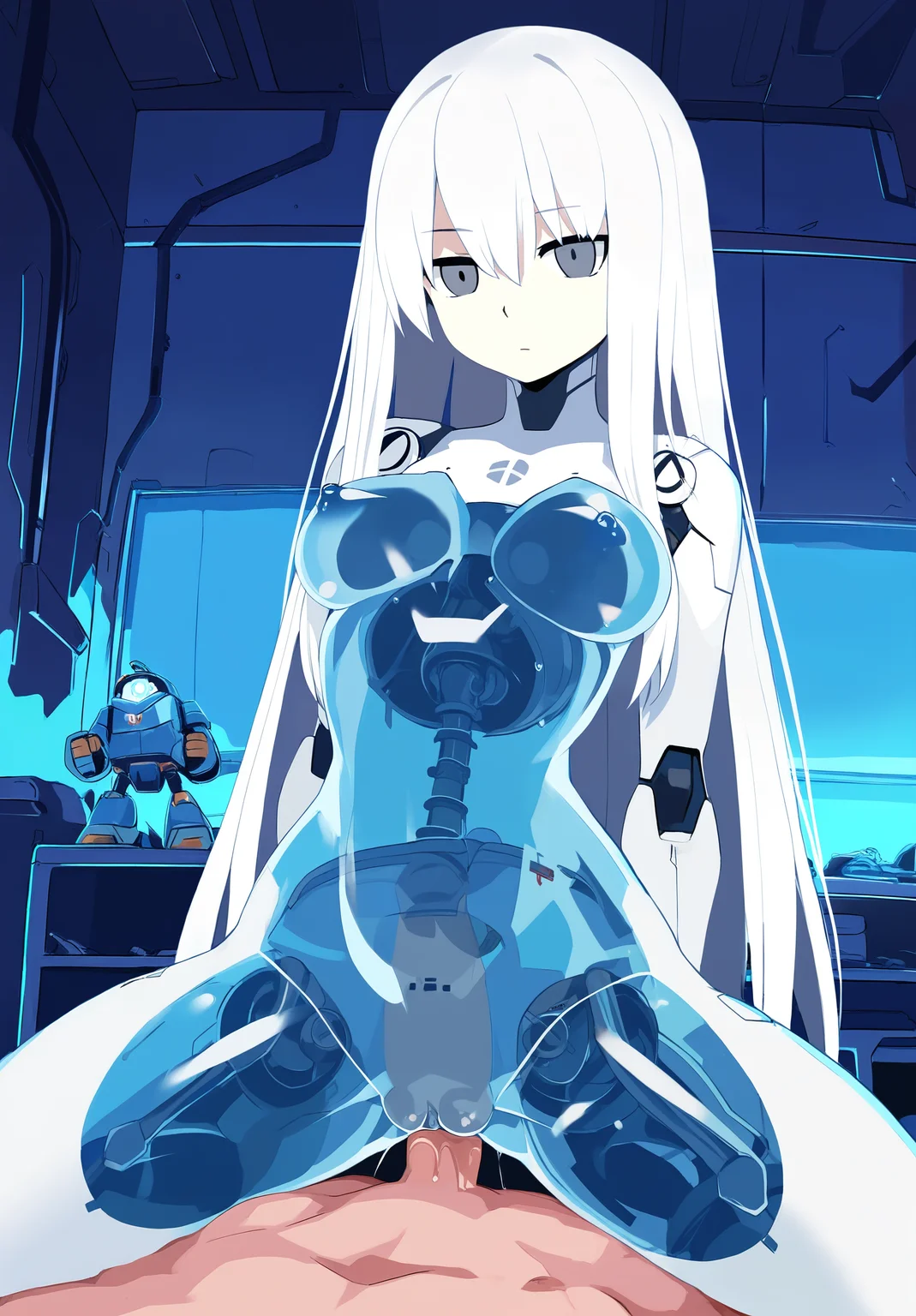 highres,absurdres,masterpiece,best quality,newest,<lora:Disgaea XL vpred Noob1:1>,1girl,1boy,pov,robot,penis,girl on top,vaginal,translucent skin,transparent,expressionless,white hair,grey eyes,nude,long hair,straight hair,bedroom,medium breasts,pussy,pussy juice,hard nipples,transparent stomach,