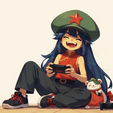 score_9, score_8_up, score_7_up BREAK FangMali, 1girl, dark blue hair, closed eyes, green hat with red star, sleeveless chinese shirt, black belt, black pants, black chinese shoes, playing videogames, happy,