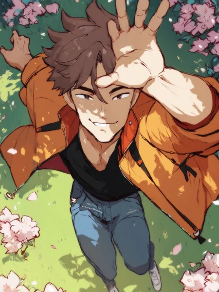 score_9, score_8_up, score_7_up, score_6_up, score_5_up, score_4_up, source_anime BREAK 1boy, male focus, 1boy, ((from above, looking at viewer, reaching towards viewer)), arm up, dynamic pose, outdoors, sunlight, llustration,  day BREAK,  smirk, seductive smile,  jacket, jeans, pectorals, messy hair, moist skin, petals, wind lift, grass,  <lora:Idoraa-25:1> , <lora:add-detail-xl:1> , <lora:loraeyesxl:1> , <lora:Pony_QualityV4.0:1>, <lora:ClearHand-V2:1>