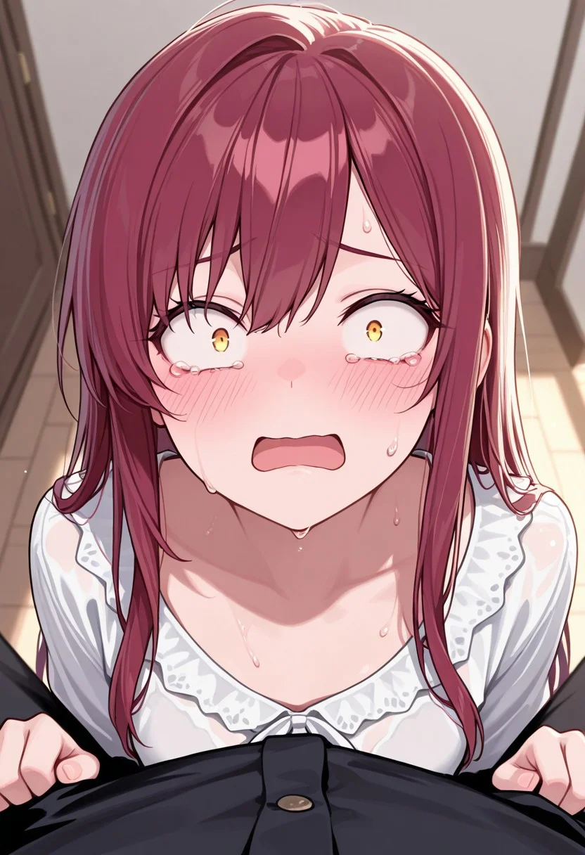 masterpiece, best quality, 32k, high resolution, absurdres, constricted pupils, 1girl, blush, looking at viewer, long hair, open mouth, solo focus, solo, 1boy, sweat, tears