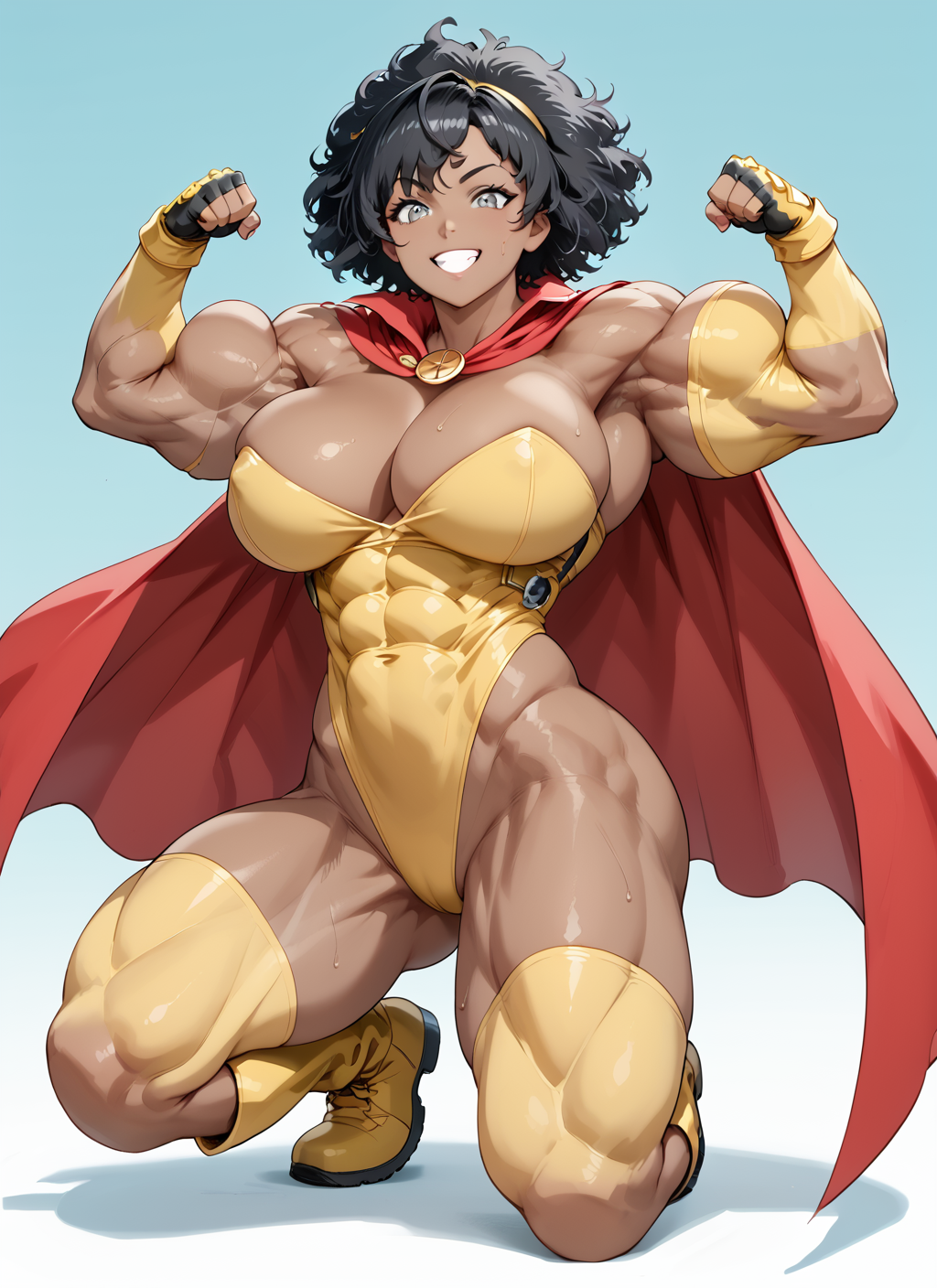 score_9, score_8_up, score_7_up, expressiveh, perfect face, perfect eyes, detailed face, detailed eyes,1girl,solo,mega woman,broad shoulders,short hair,black hair,large breasts,muscular thighs,dark skinned female,muscular female,thick thighs,abs,huge biceps,(grey eyes:1.3),bangs,yellow leotard,yellow elbow gloves,fingerless gloves,red cape,standing,full body,yellow knee boots,flexing,smile,happy <lora:Expressive_H-000001:0.4> <lora:Mega_Woman_GrowGetter_Comics-000006:1.0>