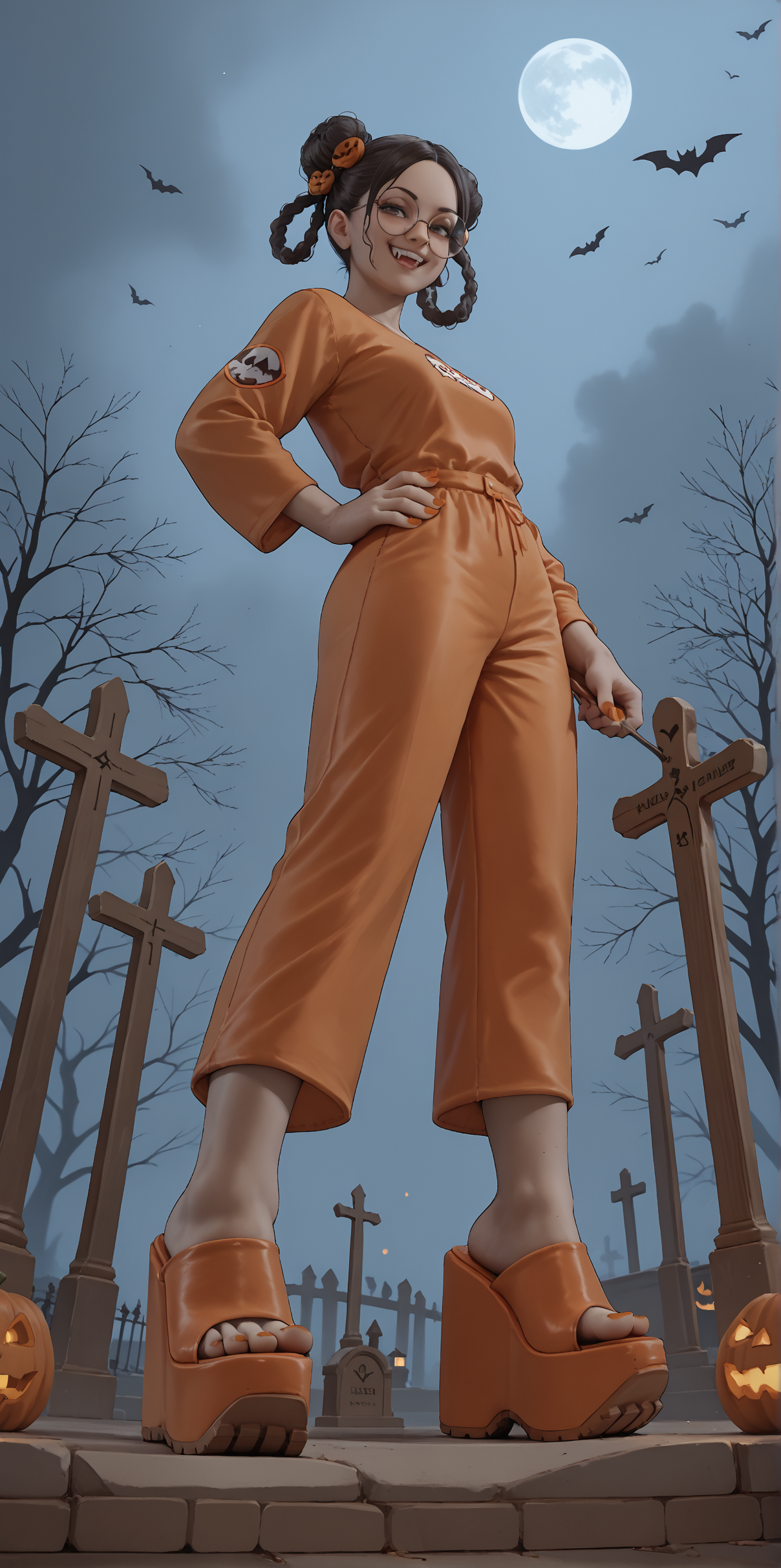 score_9, score_8_up, score_7_up, score_6_up, realistic,
wide angle, standing, low angle, foot focus, from side,
standing,
1girl, dark skin, goth, curly hair buns, round glasses, hair ornament, evil smile, fangs,
ï»¿(mega wedge heels:1.2), platform footwear,
orange romper, skintight clothing,
halloween scene, fog, cemetery, night,
orange toenail polish,
embedding:zPDXLrl ,
embedding:zPDXL2 ,