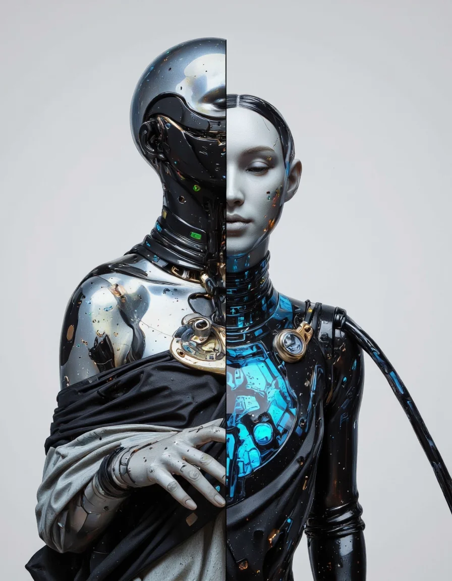 Delirium style. The image is a digital artwork showcasing a split-screen composition with a futuristic, high-tech aesthetic. On the left half, there is a sleek, humanoid robot with a glossy, black, and silver metallic body. The robot's head is elongated and smooth, with a closed, serene expression. It wears a high-tech collar and chest harness with intricate, glowing blue circuitry visible beneath the surface, suggesting advanced cybernetic enhancements. <lora:Bonafida.Studio:1>