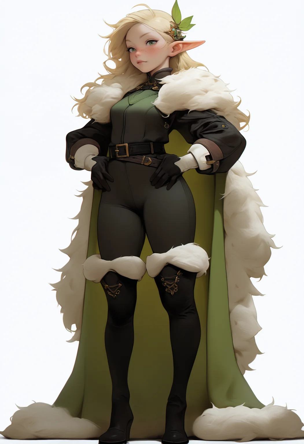 best quality, amazing quality, very aesthetic, absurdres,
1girl, blonde hair, hair ornament, green eyes, freckles, elf, fur cape, fur trim, belt, dress, gloves, thigh boots, thighhighs,
hands on hips, full body, standing, solo, looking at viewer, simple background, white background, , <lora:NijijourneyNoob_byKonan:1>