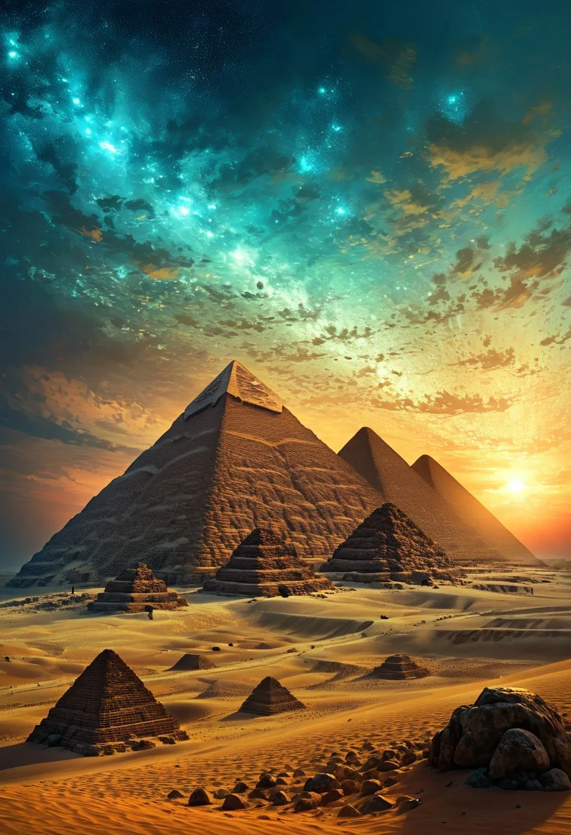 (by Ellen Jewett:1.5), (Bioluminescent Impressionism, Egyptian landscape, The Dreamland, Egyptian desert, sand, rock, great pyramids, fine pyramids, smooth pyramids, techno pyramids with great beams of light shooting up into the sky, sky sunset, sunrise ,waterfall, ethereal landscapes, depth of field, biotech emotion:1.3) <lora:xl_more_art-full_v1:0.5> <lora:add-detail-xl:1> <lora:RMSDXL_Creative:2>