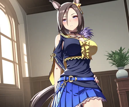 masterpiece, best quality, amazing quality, , 1girl, solo, looking at viewer, cowboy shot, <lora:Air Groove in game style 3D ILL-v2.1:1> ummsmingame, 3d, air groove \(umamusume\), two-tone shirt,