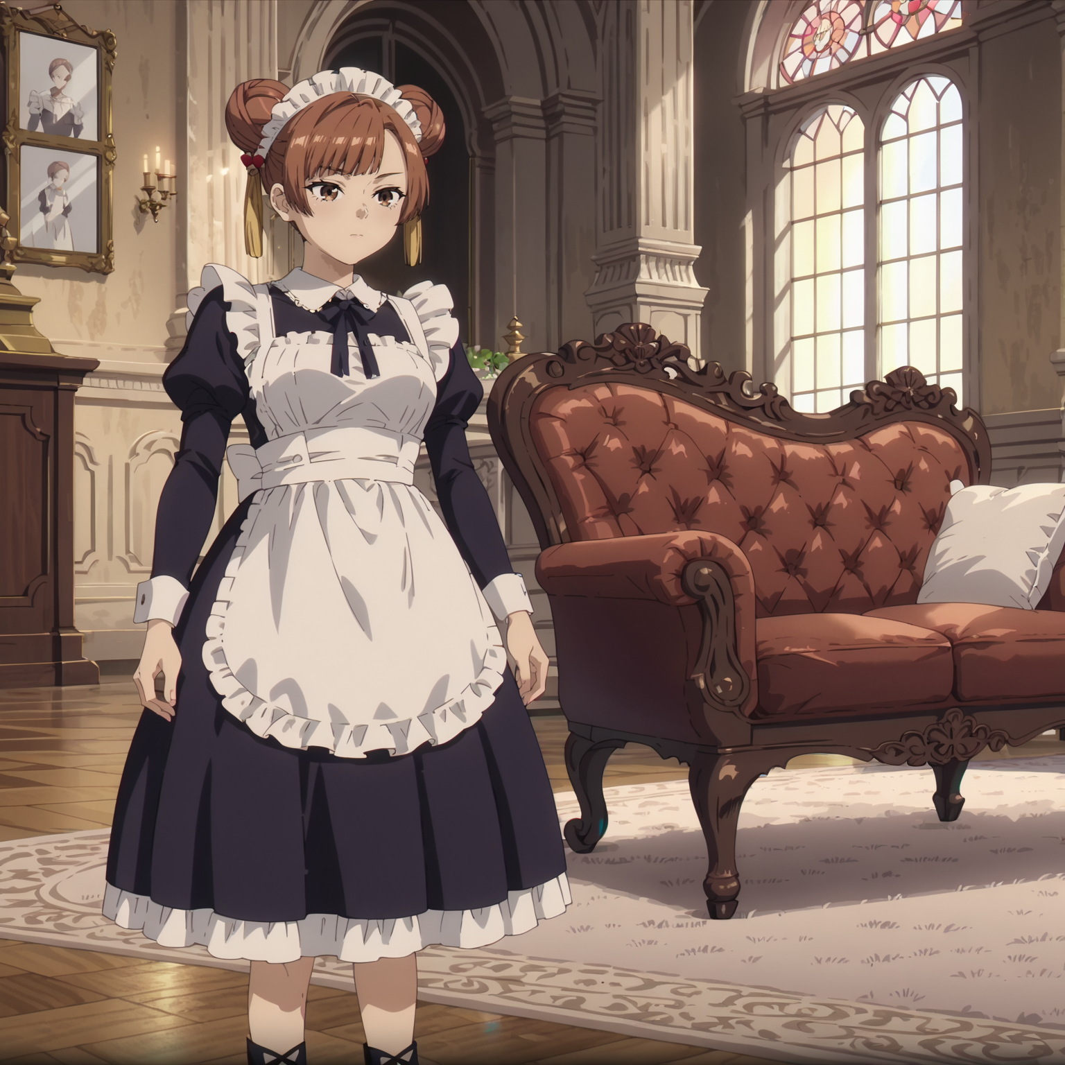 <lora:LaufenXL004>,<lora:DetailedEyes_V3:1.6>,
solo,
anime screencap,
score_9,score_8_up,
Laufen,1girl,brown hair,short hair,double bun,brown eyes,yellow hairornament,
cowboy shot,
maid,mansion,luxurious interior,luxurious furniture,carpet,window_,bookshelf,sofa,