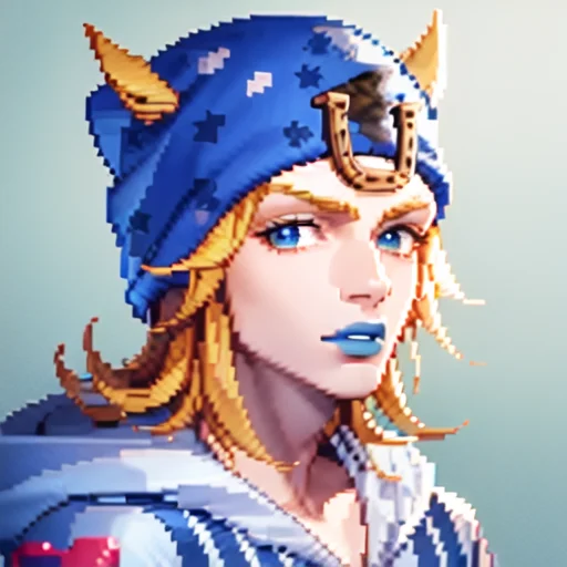 chibi, ((pixel art)) , johnnyjojo, blonde hair, hat, portrait photo, blue lips, 4k, pixel <lora:johnnyJoestarLora_v4:1.3> clean pixels, game <lora:sakimiChanLora_v10:0.3>