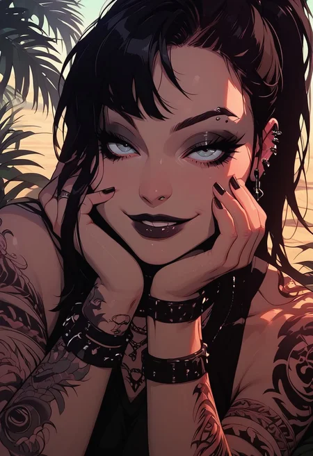 Score_9, Score8_up, Score_7_up, (((High Resolution, Best Quality))), 
1girl, solo, covered in tattoos, 
Goth, ponytail, pelvic curtain, choker, bracelet, necklace, 
Large breasts, large ass, toned legs, 
seductive pose, slutty pose, hand on face, kiss, 
seducing, seductive, flirty, tender, loving, smirk,
Outside, tropical beach, 
Looking at viewer, Close up, Chiaroscuro Lighting Style, partially covered in shadow, ((silhouette, shadow)),