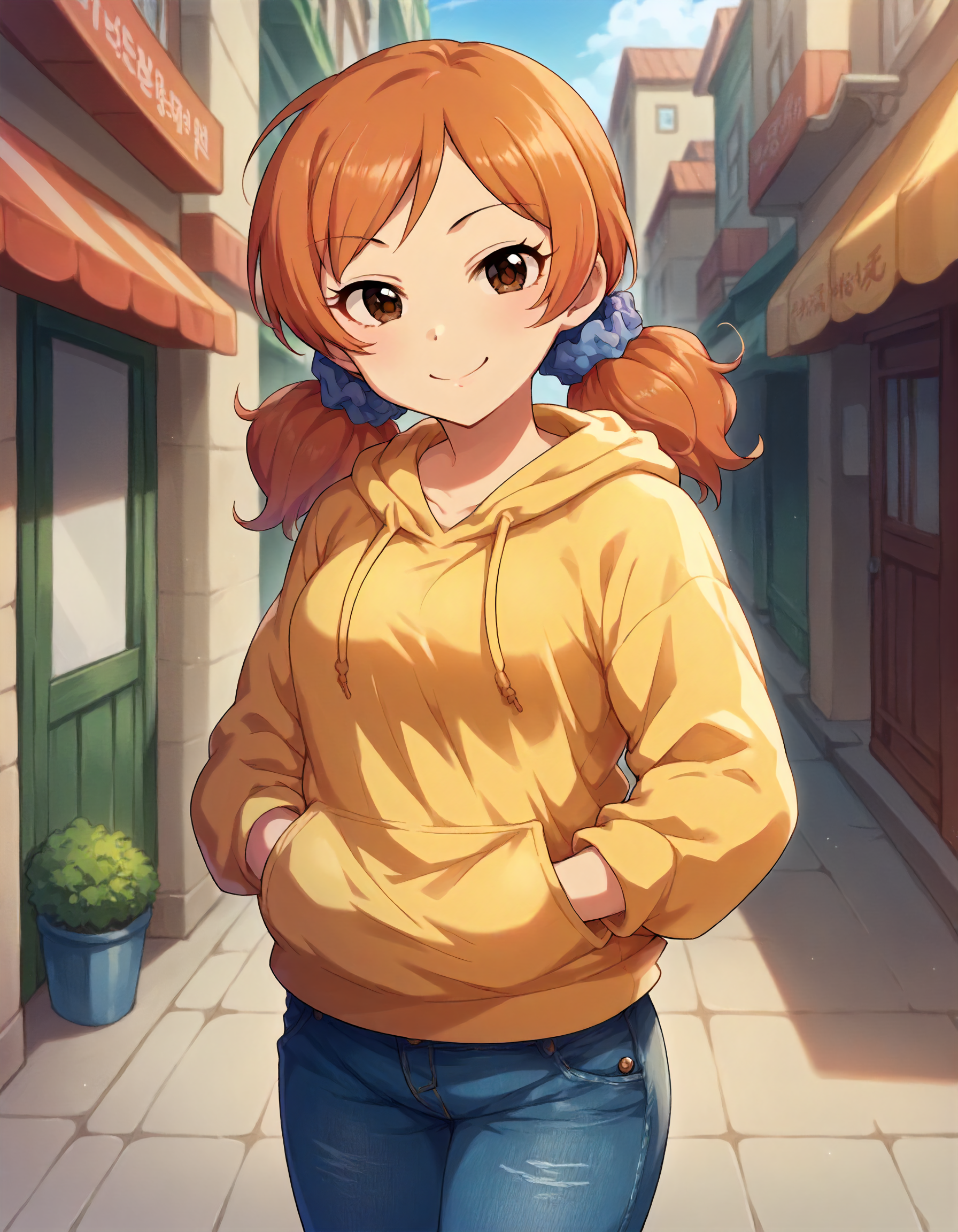 score_9,score_8_up,score_7_up,1girl,solo,cowboy shot,looking at viewer,smile,closed mouth,street,
<lora:komatsuibuki_ponyXLV6:0.8>,cgki,kiha,orange hair,low twintails,hair scrunchie,brown eyes,
yellow hoodie,denim