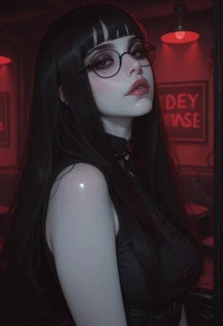 masterpiece, best quality, hd resolution, perfect face, artist:moriimee, solo, 1girl, solo, black hair, hair bangs, long hair, pale skin, mole under eye, lips, black eyes, black sleeveless dress, glasses, nightclub, red lights, goth girl, looking at viewer