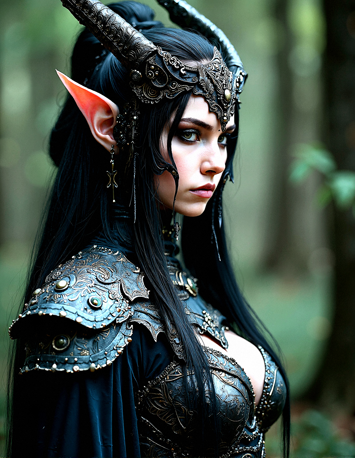 A dark elven queen in intricate armor, gothic medieval design, realistic textures, ultra-high definition, photorealistic, highly detailed, dramatic lighting, sharp focus, cinematic, hyperrealism, dark and mysterious atmosphere



