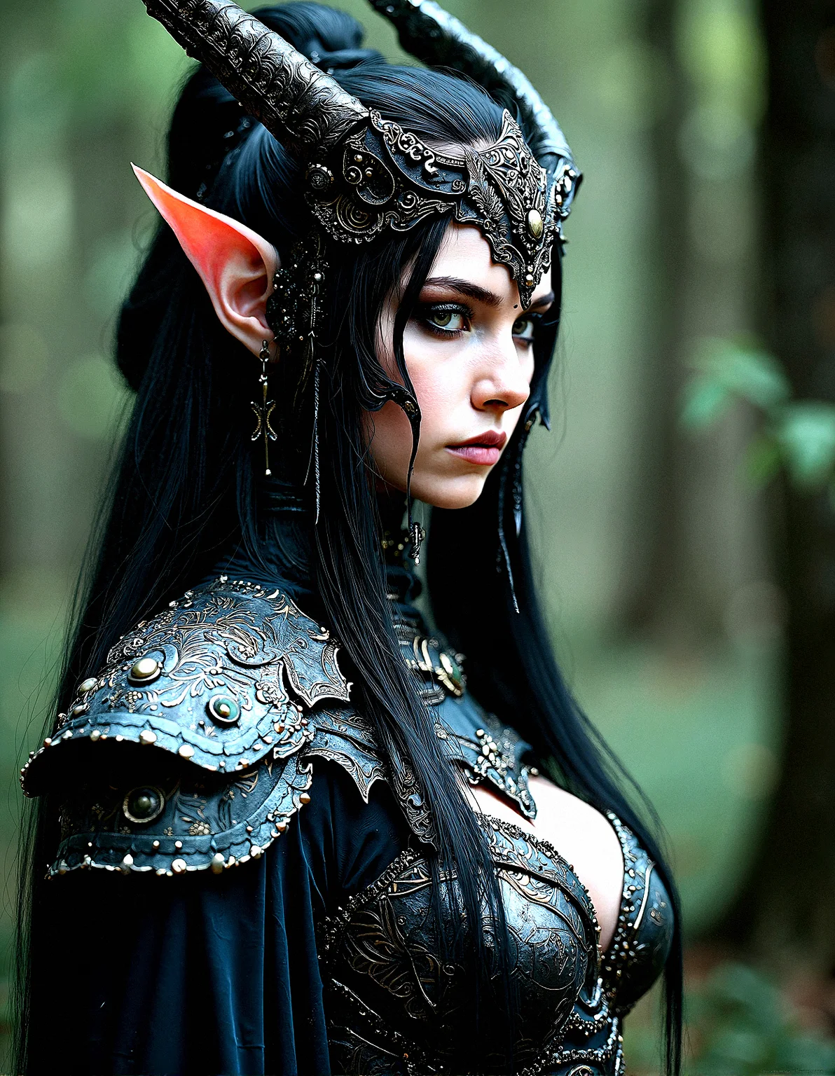 A dark elven queen in intricate armor, gothic medieval design, realistic textures, ultra-high definition, photorealistic, highly detailed, dramatic lighting, sharp focus, cinematic, hyperrealism, dark and mysterious atmosphere