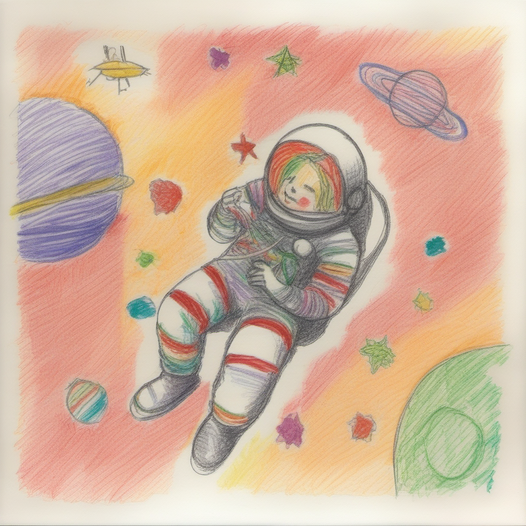 An astronaut floating in space, knitting a scarf  <lora:crayons_v1_sdxl:1>