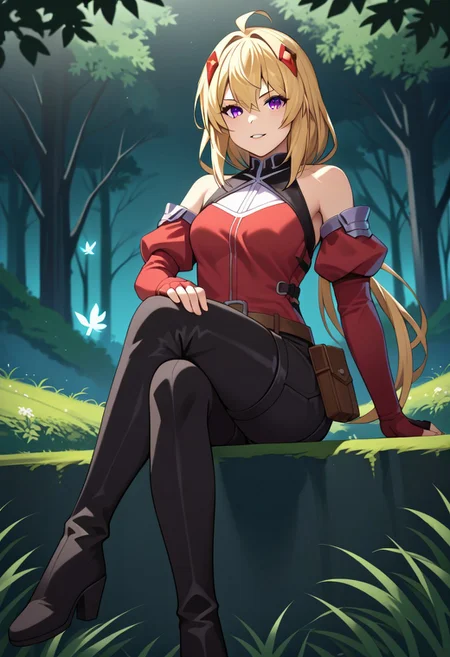 zPDXL3, score_9_up, score_8_up, score_7_up, (Anime_source), 1girl, Ines, purple eyes, blonde hair, long hair, low tie ponytail, parted lips, STANDING ON WHITE BACKGROUND, air_bow, red_bow, red_ribbon, bare_shoulders, elbow_gloves, belt, bet_pouch, fingerless_gloves, shirt, detached_sleeves, black_shorts, thigh_boots sitting_pose, hand_on_own_knee, hand_on_own_thigh, hand_on_own_chin, crossed_legs, looking_at_viewer, pout, slight_smile, light_blush, parted_lips, amaranth_forest, towering_trees, glowing_mist, bioluminescent_flowers, peaceful_wildlife, ethereal_light, mystical_vibes, tranquil_aura, vibrant_foliage, glowing_fog, magical_atmosphere, fantasy_nature, painterly_style