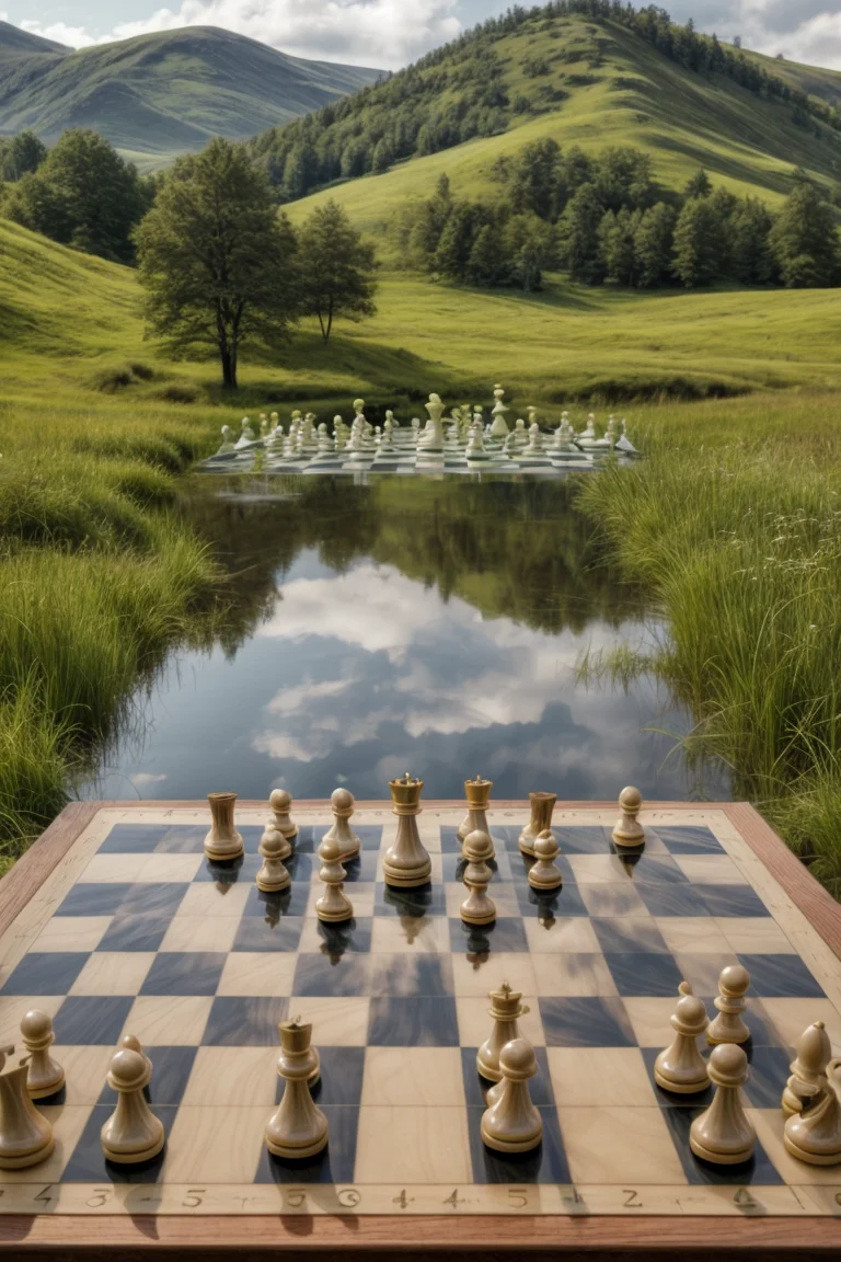 A serene landscape of rolling hills and a still lake mirrors the perfect symmetry of a chessboard, its pieces frozen mid-move, waiting for the gentle touch of a master's hand,