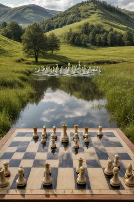 A serene landscape of rolling hills and a still lake mirrors the perfect symmetry of a chessboard, its pieces frozen mid-move, waiting for the gentle touch of a master's hand,
