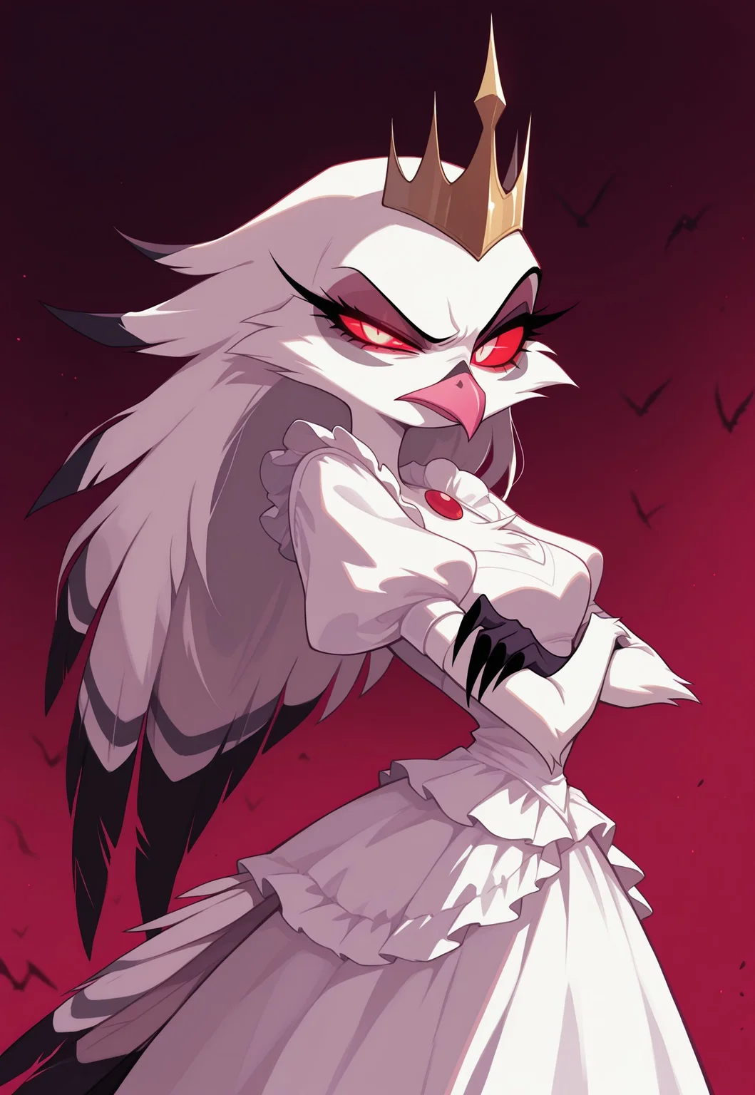 from side, 1girl, solo, demon, body fur, Stella, pink beak, glowing eyes, eyelashes, long hair, bird tail, tail feathers, claws, white dress, puffy sleeves, frilled dress, crown, annoyed, uneven eyes, looking at viewer, crossed arms, masterpiece, best quality, amazing quality, 4K resolution, absurdres, ultra-detailed, sharp details, natural light, soft shadows, medium contrast, crisp edges, sharp focus, depth of field, HB-Illu