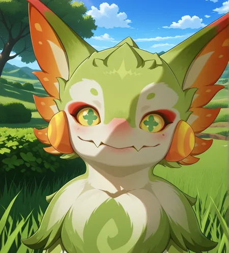 masterpiece, best quality, amazing quality, furry, feral,
yumkasaurus, detailed eyes, cross-shaped pupils, yellow sclera, green eyes,
face close-up, front view, looking at viewer, smile,
BREAK,
detailed background, short green grass, green savannah background, sky, cloud, tree, bushes,