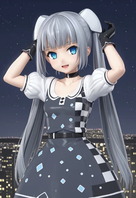 MMDress, long hair, puffy short sleeves, black gloves, twintails, grey hair, blunt bangs, black choker, blue eyes, grey dress, hair ornament, hairpods, checkered dress, collarbone, black belt, small breasts, 

looking at viewer, head tilt, open mouth, arms up, from side, light smile, 

window, cityscape, billboard, neon lights, dark, night, night sky, 

1girl, solo, solo focus, highres, absurdres, light particles, backlighting, shade, light rays, lens flare, shiny skin, fine fabric emphasis,