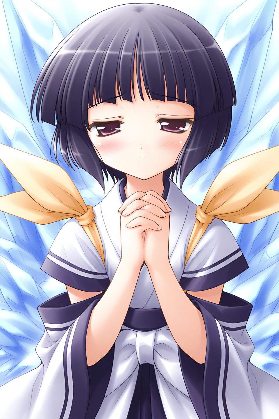 masterpiece, best quality, absurdres, official art, official style, general BREAK <lora:arisakashiina_IL_v1-2:0.7>, arisaka shiina, 1girl, solo, purple eyes, black hair, purple hair, short hair, bob cut, blunt bangs, flat chest BREAK japanese clothes, white dress, short sleeves, blue line, detached sleeves, wide sleeves, sleeves past wrists, yellow ribbon, shoulder ribbon, white sash, blue hakama, white bow, back bow, hakama skirt, blue theme, own hands together, blush, own hands clasped, half-closed eyes, upper body, close-up, ice, encased in ice, translucent glacier, cold atmosphere, icy textures, uneasiness