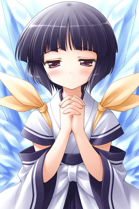 masterpiece, best quality, absurdres, official art, official style, general BREAK <lora:arisakashiina_IL_v1-2:0.7>, arisaka shiina, 1girl, solo, purple eyes, black hair, purple hair, short hair, bob cut, blunt bangs, flat chest BREAK japanese clothes, white dress, short sleeves, blue line, detached sleeves, wide sleeves, sleeves past wrists, yellow ribbon, shoulder ribbon, white sash, blue hakama, white bow, back bow, hakama skirt, blue theme, own hands together, blush, own hands clasped, half-closed eyes, upper body, close-up, ice, encased in ice, translucent glacier, cold atmosphere, icy textures, uneasiness