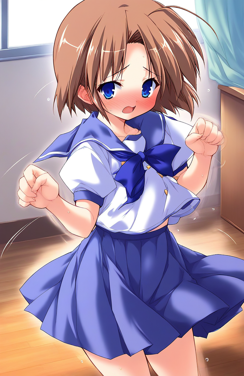 score_9, score_8_up, score_7_up, source_anime, rating_explicit, BREAK   <lora:Shiki_Akimi_Ver2.0_XL:1> ShikiAkimi, brown hair, blue eyes, short hair, short stack,
 solo, school uniform, blue skirt, long skirt, 
room, flooring, curtain, 
full-face blush, embarrassed, motion lines, motion blur,
looking at viewer, 
cowboy_Shot,