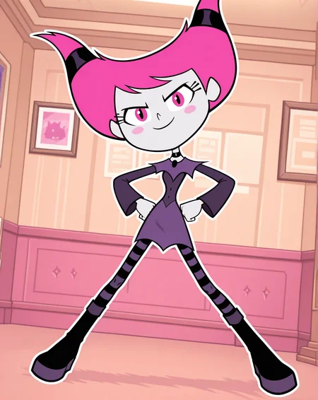 jinx_(Teen_Titans_Go!), 1girl, solo, full_body, pale-white skin, pink cheeks, long eyelashes, thin cat-like pupils, pink hair, horn-shaped pigtails, purple gothic dress, black and purple-striped stockings, black and purple boots, (smile, dutch angle, Hands on hips,naughty pose, looking at viewer, indoors, elegant room, solo, dynamic pose, head tilt,),((White frame, white outline))