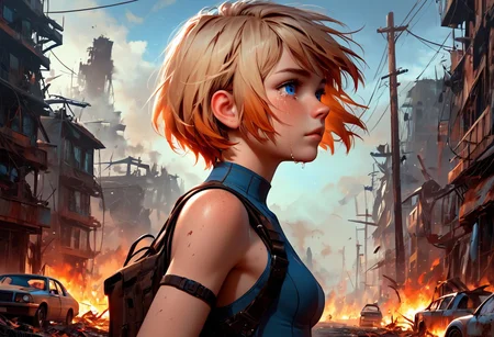 1girl, Masterpiece, 4k, ultra high detail, score_9, score_8_up, score_8, 18yo, petite, medium breast, short blonde hair, fcNeg, stunning blue eyes, freckles, white skin, small nose, innocent beauty, slim face, skinny petite body,
Torn sport clothes
Fear in her eyes, crying,
Sideview, Apocalyptic scene, burning skyscraper, burning city, derstroyed cars, a huge asteroid swarm in the sky,
Many asteroids in the sky,
End of the World,
negative_hand, NightScapes,