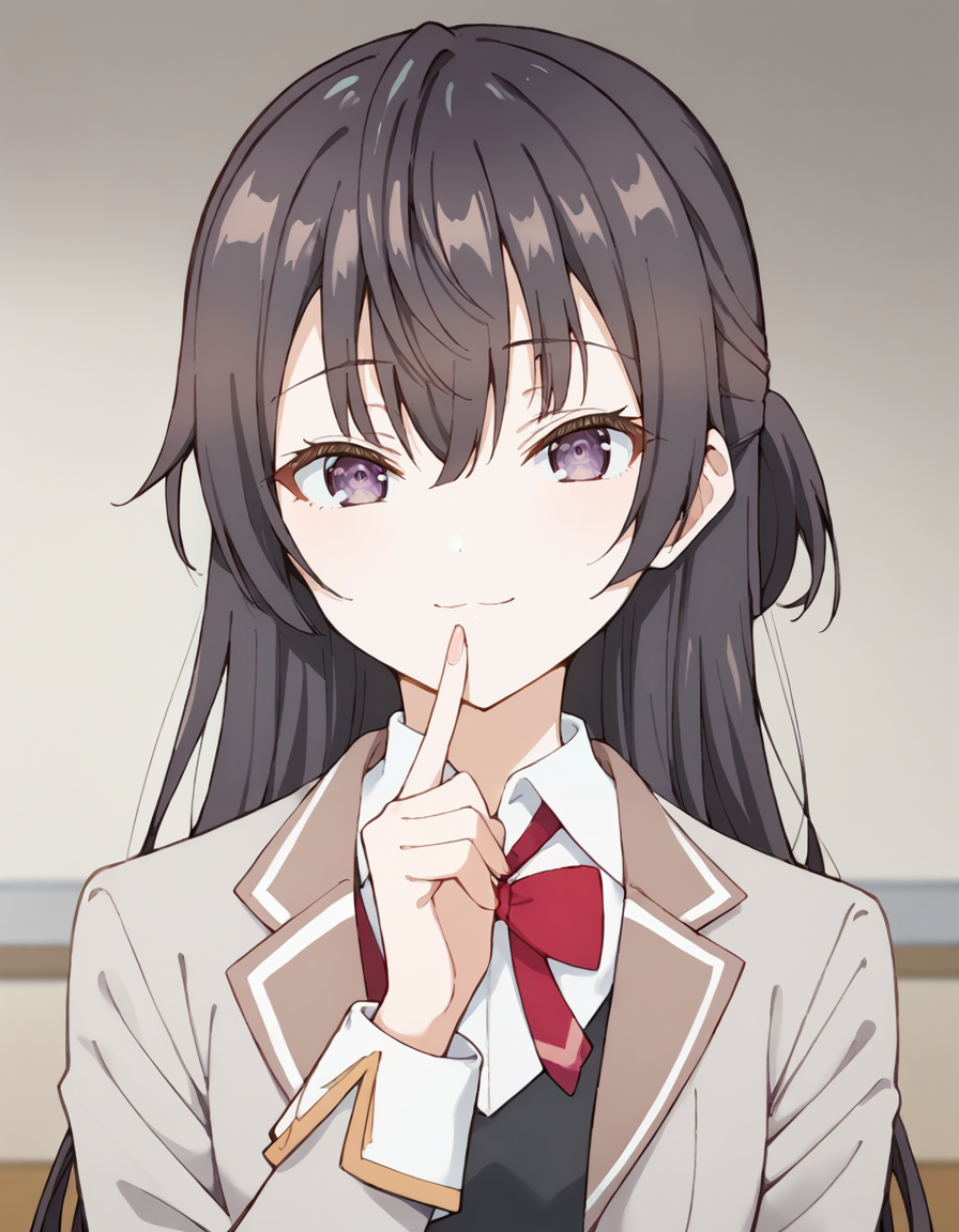 score_9, score_8_up, score_7_up, source_anime,
1girl, solo, looking at viewer, blurry background, upper body, light smile, finger to mouth, classroom,
yuki suou, black hair, long hair, half updo, hair between eyes, purple eyes,
school uniform, grey jacket, open jacket, long sleeves, red bow, white shirt, collared shirt, black vest, buttons, pleated skirt,
<lora:yuki_suou_anime_v5-soralz:1>