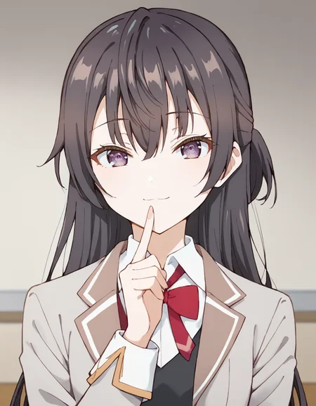 score_9, score_8_up, score_7_up, source_anime,
1girl, solo, looking at viewer, blurry background, upper body, light smile, finger to mouth, classroom,
yuki suou, black hair, long hair, half updo, hair between eyes, purple eyes,
school uniform, grey jacket, open jacket, long sleeves, red bow, white shirt, collared shirt, black vest, buttons, pleated skirt,
<lora:yuki_suou_anime_v5-soralz:1>