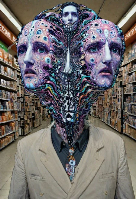 They walk and in hand through GameStop, three faces each, three phantoms of the Opera, an enigmatic op vision of impossible topology, their heads split into sections of sections floating further apart as space expands irrevocably, attached to his neck by a long filament of writhing static where his face once was