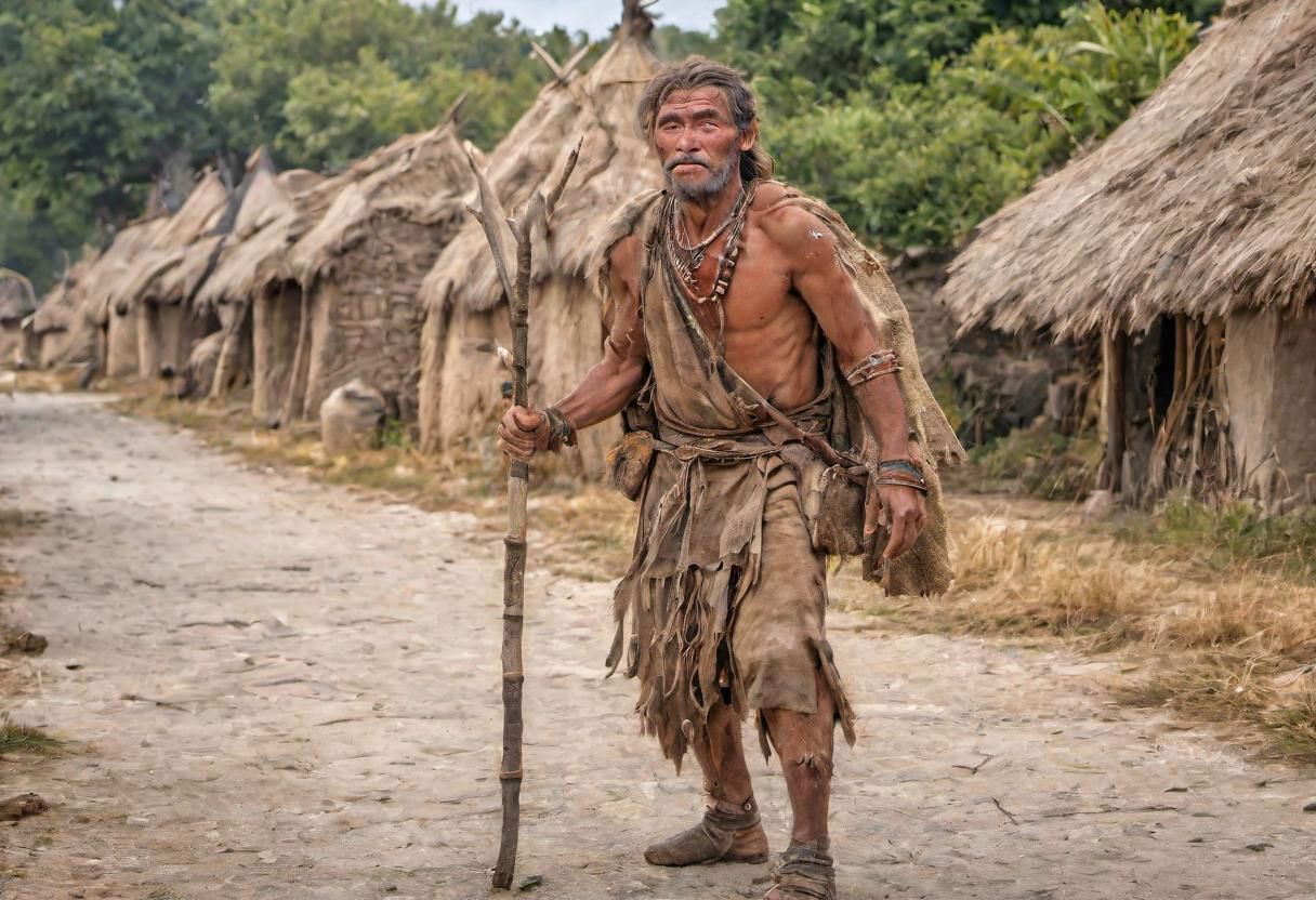 photograph,a neolithic hunter on the street of neolithic settlement, village,  high quality photography, 4k, Canon EOS R3, hdr, smooth, sharp focus, high resolution, award winning photo,