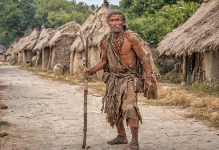 photograph,a neolithic hunter on the street of neolithic settlement, village,  high quality photography, 4k, Canon EOS R3, hdr, smooth, sharp focus, high resolution, award winning photo,