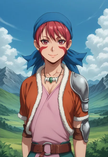 score_9, score_8_up, score_7_up, source_anime, highly detailed,
alfarid, solo, jewelry, 1girl, red hair, necklace, belt, armor, facial mark, short hair, smile, facepaint, looking at viewer, bandana, red eyes, fur trim, shoulder pads, pauldrons, shoulder armor, upper body, closed mouth,
outdoor, mountains, sky, clouds, wind,
