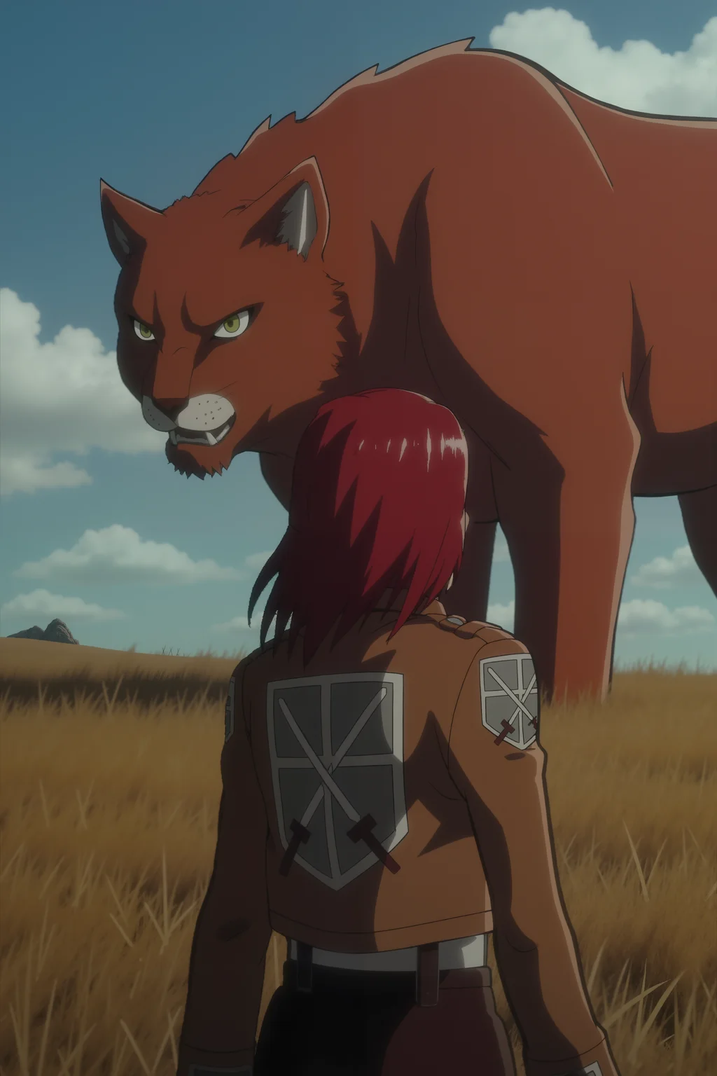 a red haired woman wearing wearing aotjck jacket turned back standing on a field. In the background there is a titan giant cat with red fur<lora:AOT_JACKET_FLUX>