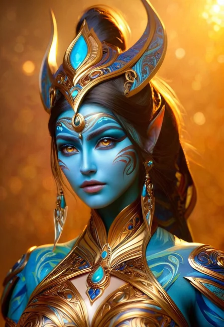 A hyper-realistic portrait of a single girl, showcasing her upper body, adorned in a mesmerizing jinn-inspired outfit, replete with intricate, swirling patterns and metallic accents, set against a warm, golden background with soft, diffused lighting, emphasizing subtle shadows and textures, in the style of a digitally painted masterpiece with a shallow depth of field, capturing the subject's enigmatic gaze.