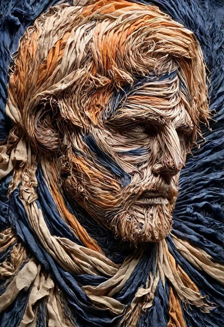 RAW closeup photo, impressive man, macro shot,( dark blue, orange, gold, embroidery scarf), masterpiece, colorful details, golden threads embroideries, award winning, high detailed, 8k, natural lighting, analog film, amazing composition, intricate details, subsurface scattering, vellus gold hairs, amazing textures, soft light