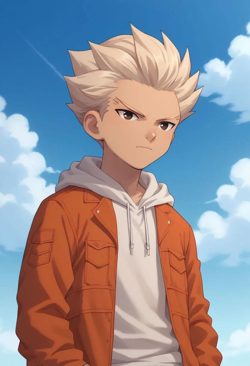 score_9, score_8_up, score_7_up, source_anime, highly detailed,
axel2, 1boy, male focus, solo, hoodie, hood, orange jacket, sky, cloud, white hair