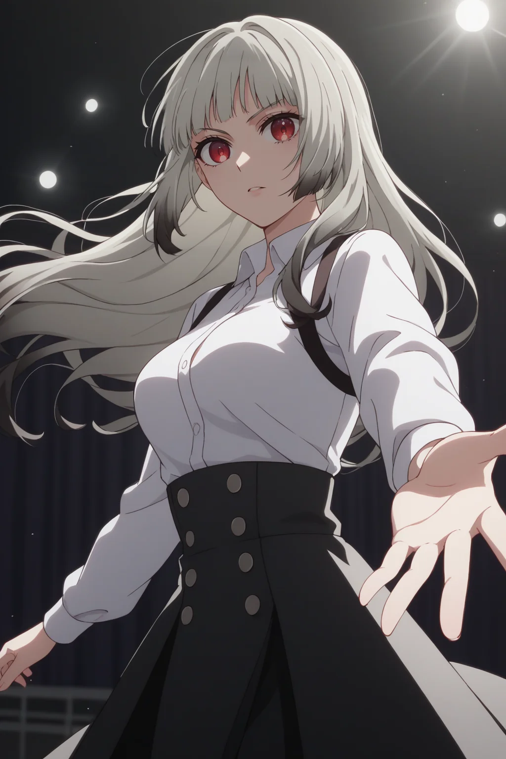 sscore_9, score_8_up, score_7_up, source_anime, 1girl, prefect lighting, very aesthetic, intricate details, highly detailed background, masterpiece, high quality, prefect hands, best quality, solo,
<lora:Mei_Adashino_Oshi_No_Ko_V2:.85>, KJOmei, grey hair, red eyes, sidelocks, long hair, black colored tips, blunt bangs,
white collared shirt, black miniskirt,
action pose, outstretched hand, serious, standing,
stage, stage lights,
(Beautiful, medium Breasts:1.2), natural breasts,