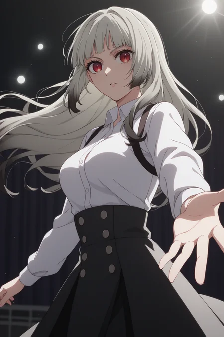 sscore_9, score_8_up, score_7_up, source_anime, 1girl, prefect lighting, very aesthetic, intricate details, highly detailed background, masterpiece, high quality, prefect hands, best quality, solo,
<lora:Mei_Adashino_Oshi_No_Ko_V2:.85>, KJOmei, grey hair, red eyes, sidelocks, long hair, black colored tips, blunt bangs,
white collared shirt, black miniskirt,
action pose, outstretched hand, serious, standing,
stage, stage lights,
(Beautiful, medium Breasts:1.2), natural breasts,