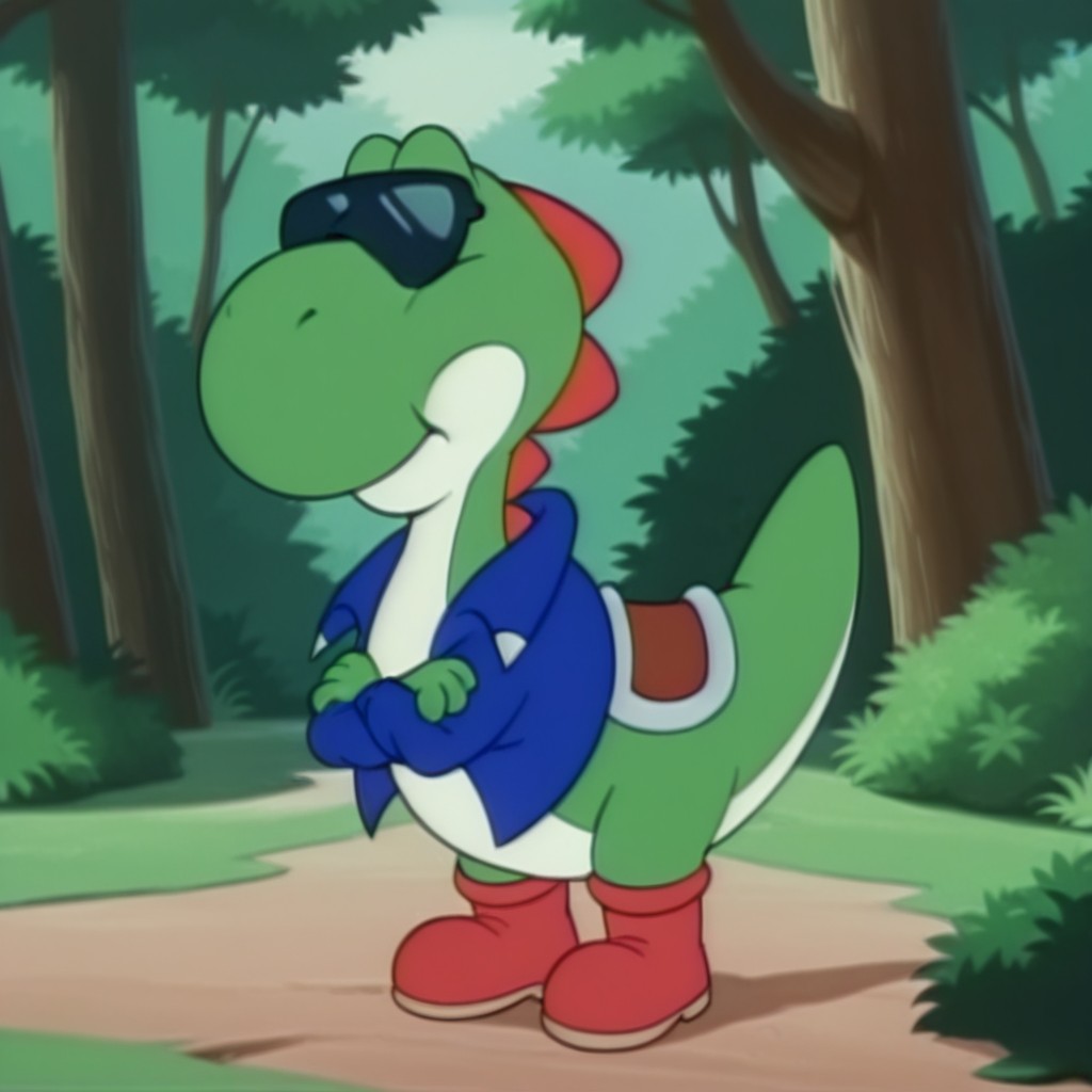 masterpiece, best quality, amazing quality, Yoshiv2SMWil, feral, male, dinosaur, green skin, black eyes, red shoes,  saddle, blue jacket, sunglasses, crossed arms, in forest, <lora:99abafac-610d-4781-993e-4cab798d0c7d:1.0>