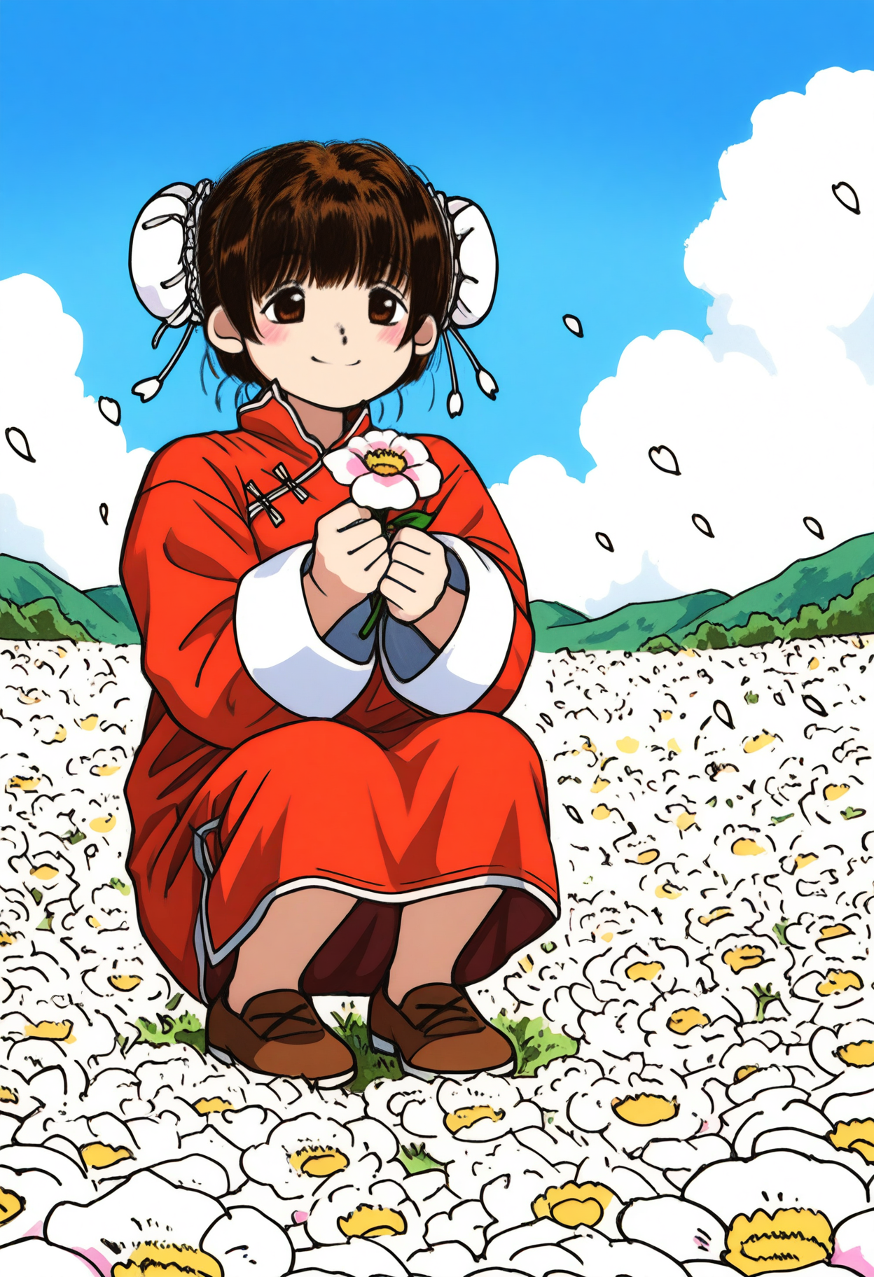 best hands,  <lora:gokuudoh_extragirl_IL1.1:1>full body,
gokuudoh_extragirl, gokuudoh_style, 1girl, solo, brown short hair, hair bun, double bun, bun cover, smile, closed mouth,  flower, squatting,
long sleeves, chinese clothes, brown shoes,
holding flower, petals,
BREAK outdoors, flower field, day,  sky, cloud,